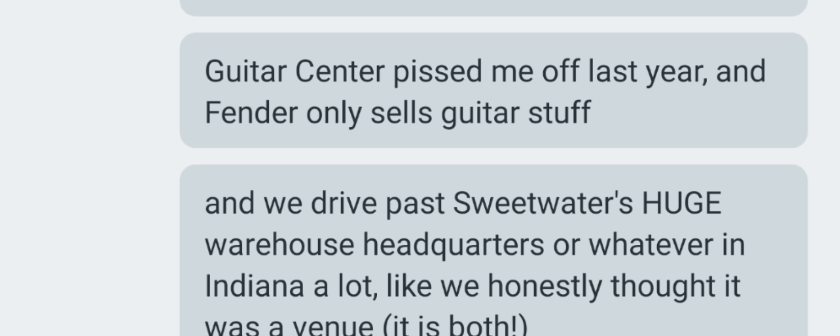 screenshot of conversation about Sweetwater