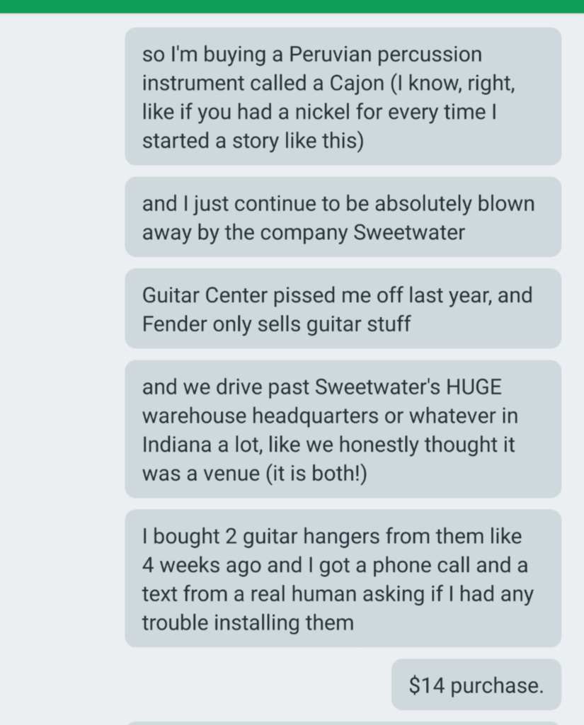screenshot of conversation about Sweetwater