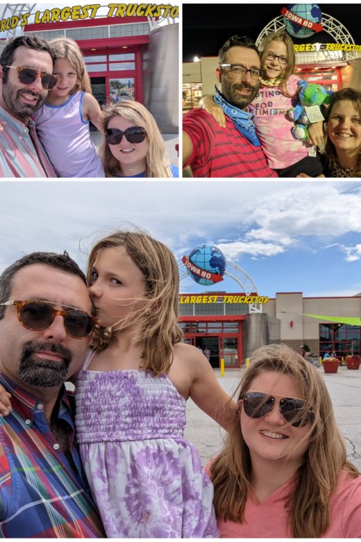 collage of photos of Beth, Zach, and Ada in front of the Iowa 80 truck stop