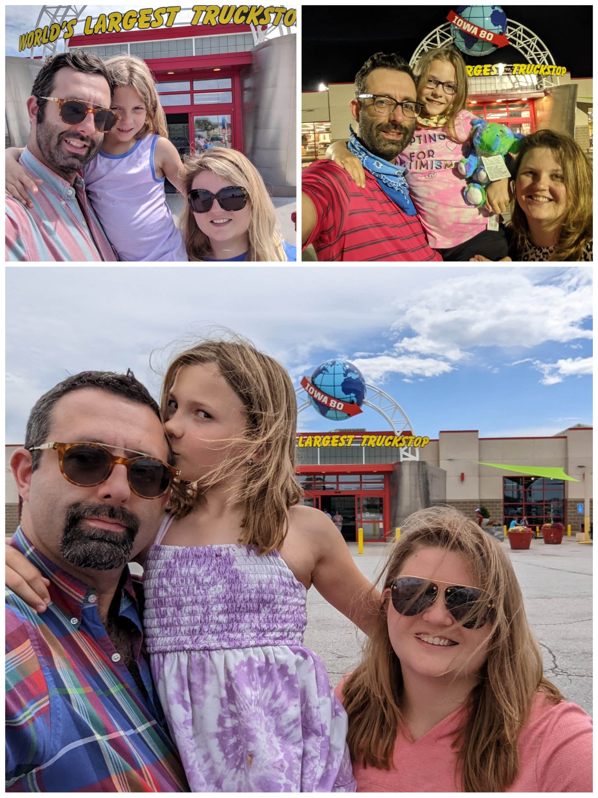 collage of photos of Beth, Zach, and Ada in front of the Iowa 80 truck stop