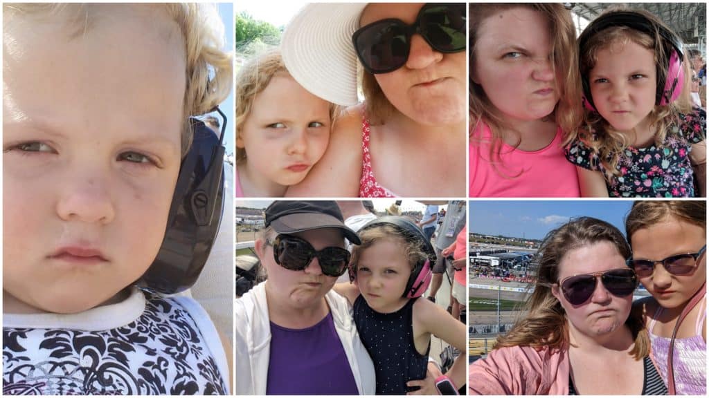 collage of photos of Beth and Ada making grumpy photos after watching Will Power win