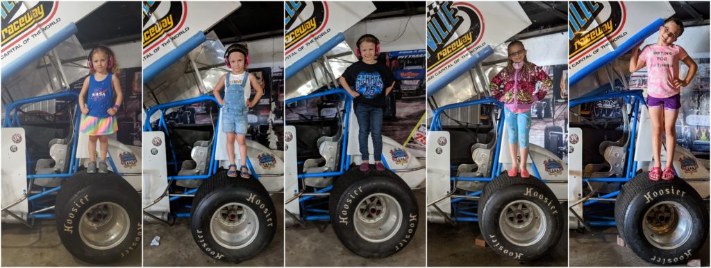 photo collage of Ada standing on a sprint car tire to illustrate growth over 5 years