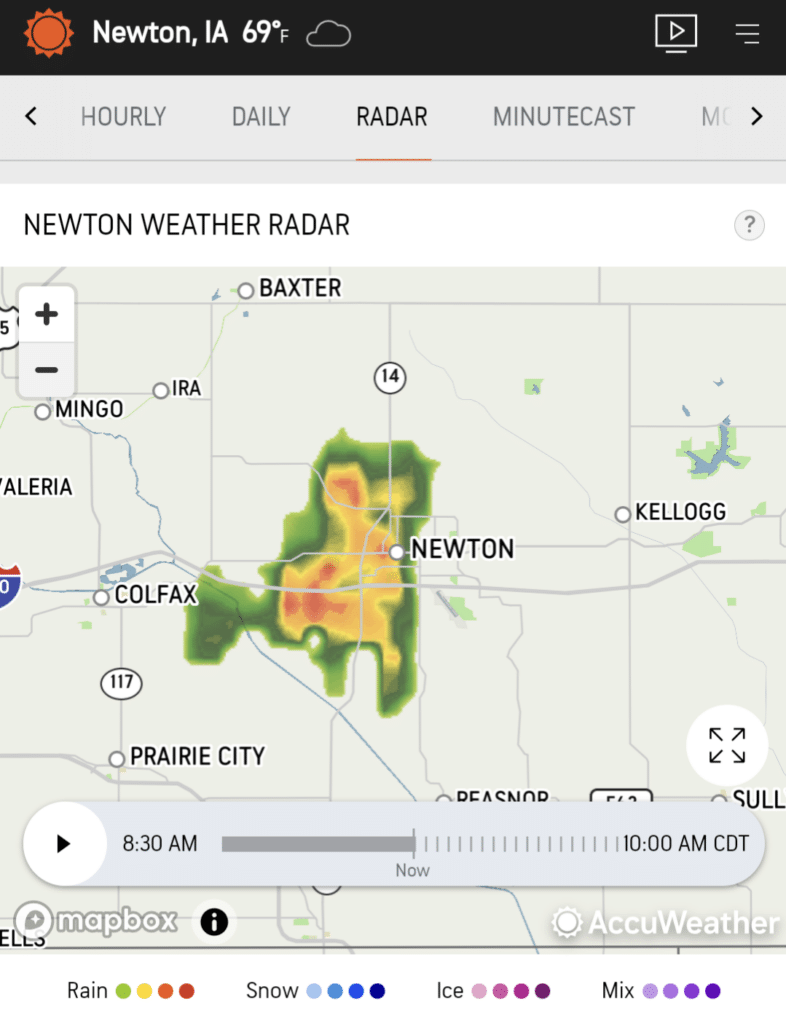 screenshot of Newton, Iowa weather radar