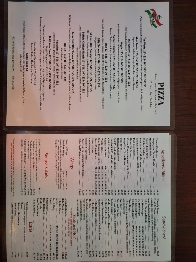 menu at WaverlyInn in Two Rivers, WI